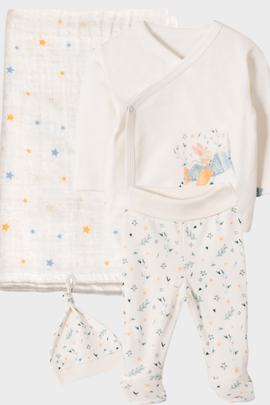 Newborn Hospital Set 4 Parça %100 Organik Pamuk Unisex Pilot Rabbit Baskılı Set