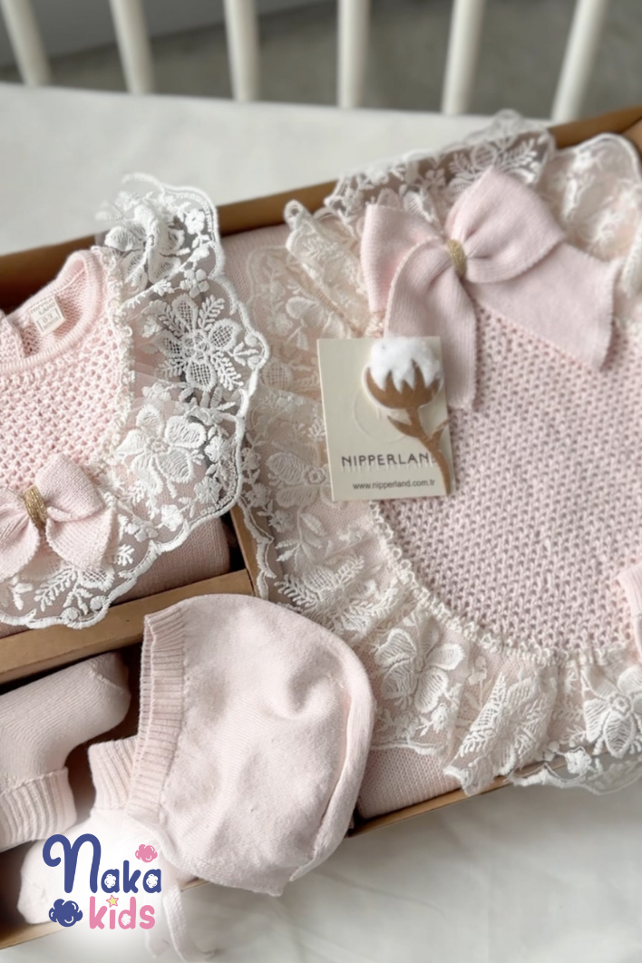 Organik Dantelli 5 li Kız Bebek Hastane Çıkış Seti-Pembe
