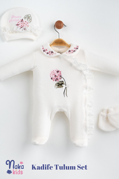 Ortanca Nakışlı Dantelli Kadife Kız Bebek Tulum 3'lü Set