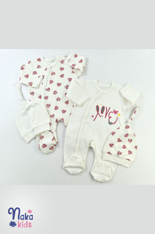 Sweetheart Duo'' Kalp Baskılı Bebek Tulum ve Şapka Seti