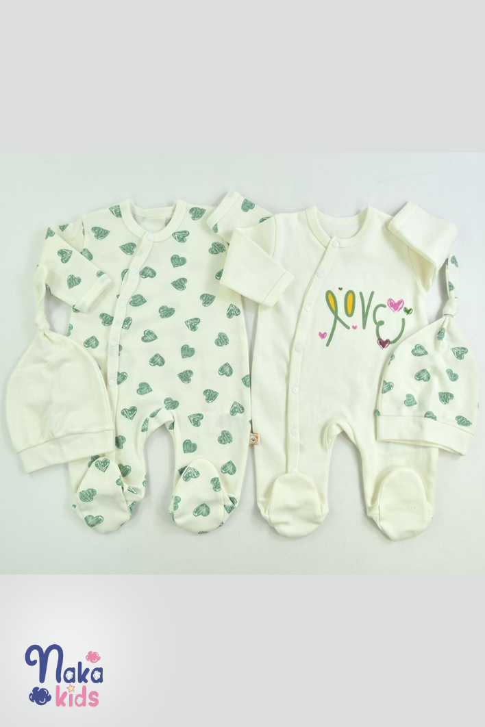 Sweetheart Duo'' Kalp Baskılı Bebek Tulum ve Şapka Seti