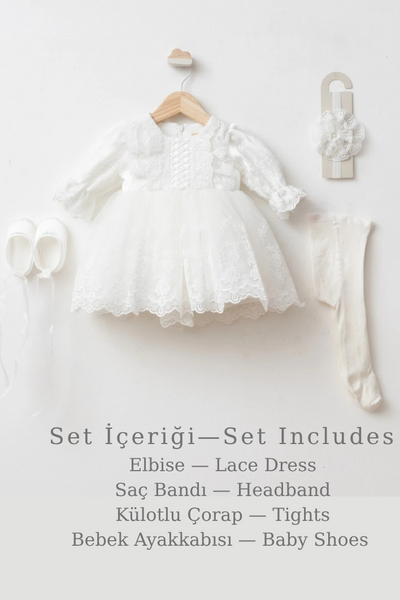 Veloura Lace Signature Kız Bebek Dantel Elbise Seti 4 Parça